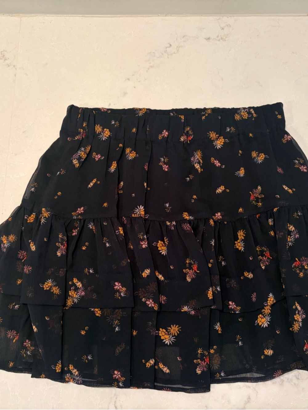 Free People Ruffled Boho Preppy Black Mini Skirt with Yellow & Pink Floral Print